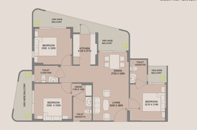 WAL Serenia 92 3 BHK Type 1 Floor Plan