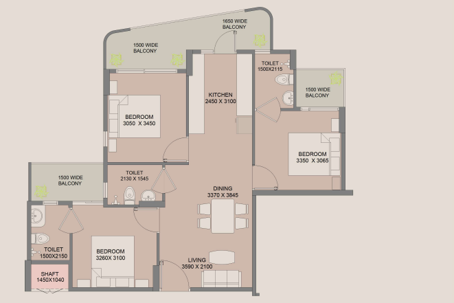 WAL Serenia 92 3 BHK Type 2 Floor Plan